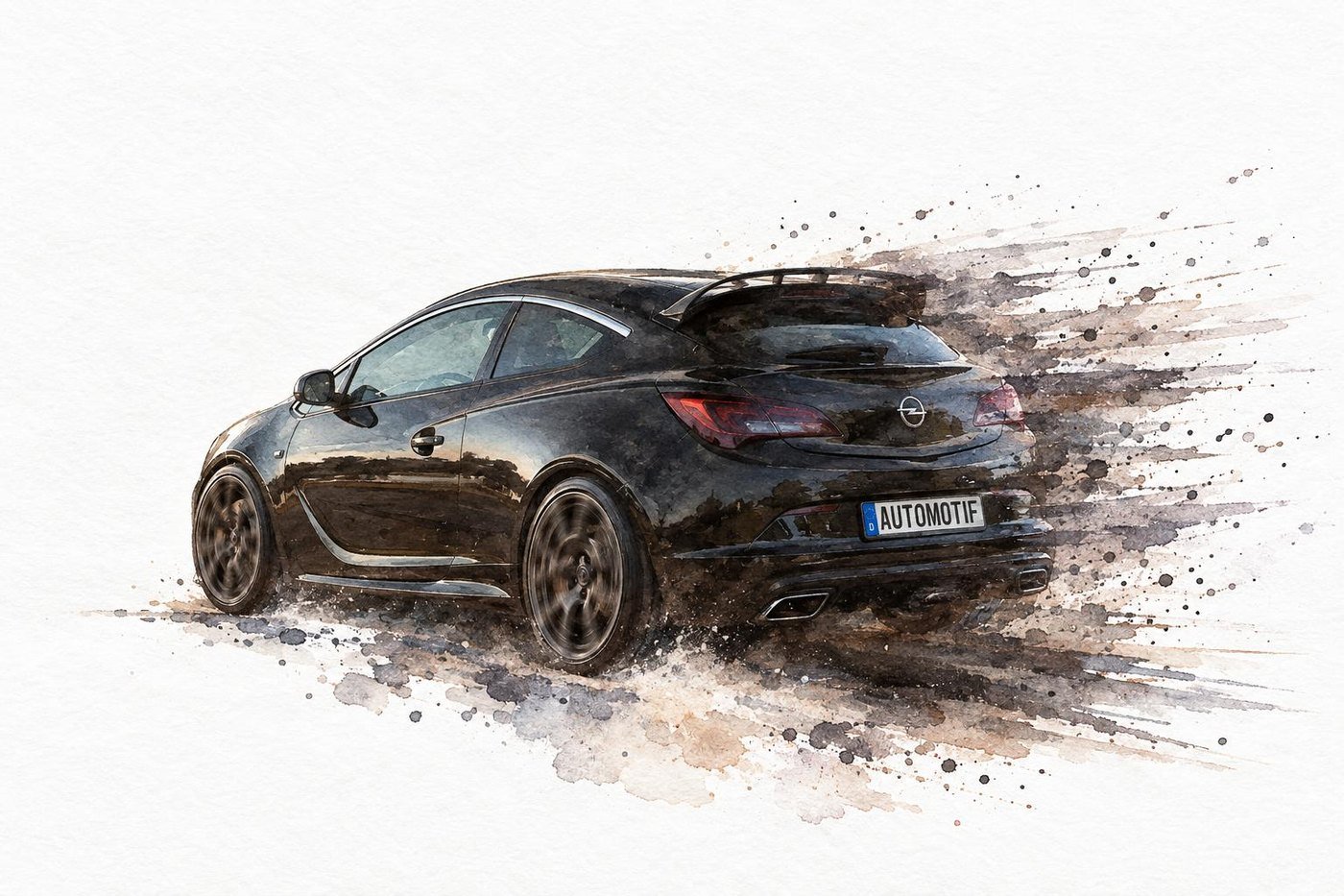 Opel Astra OPC im Aquarell-Stil mit hellem Hintergrund