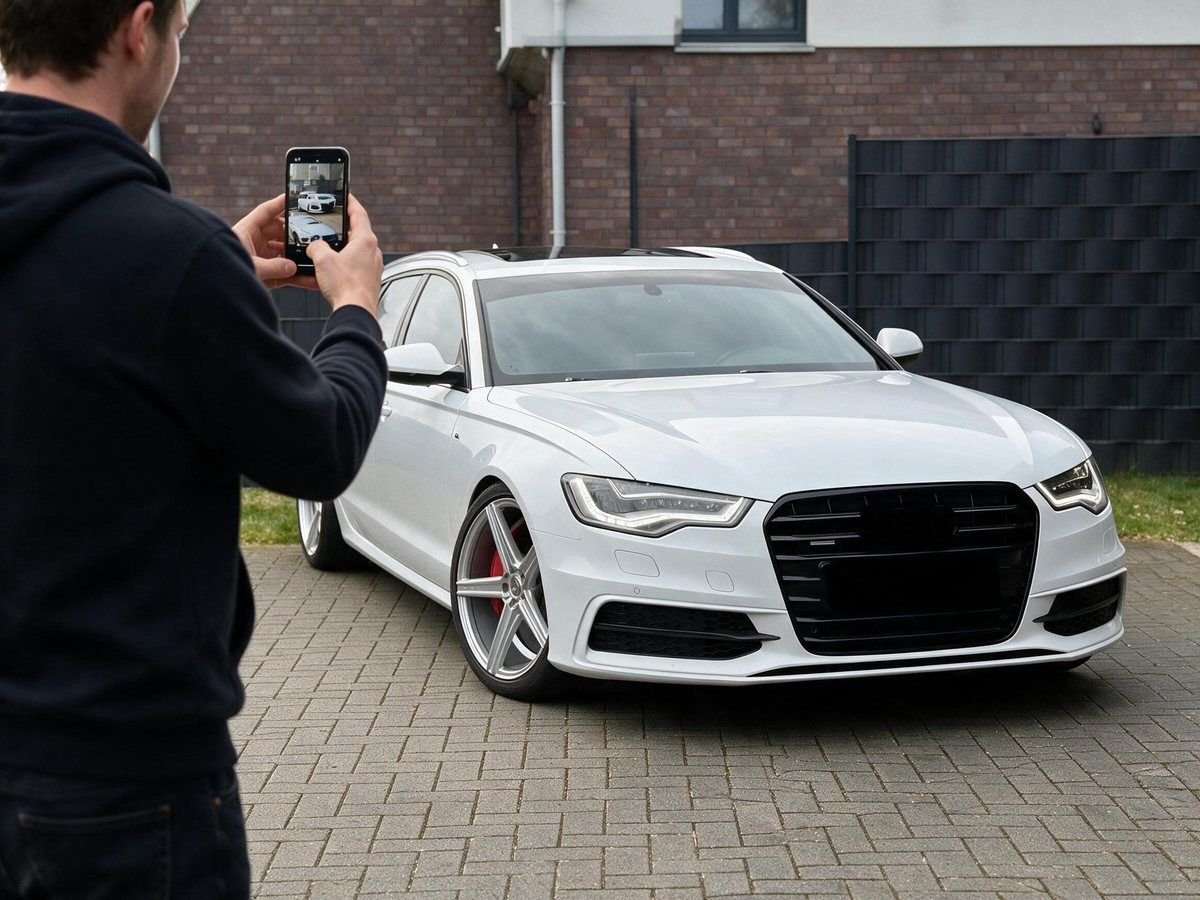 Jemand fotografiert sein weißes Auto mit dem Handy