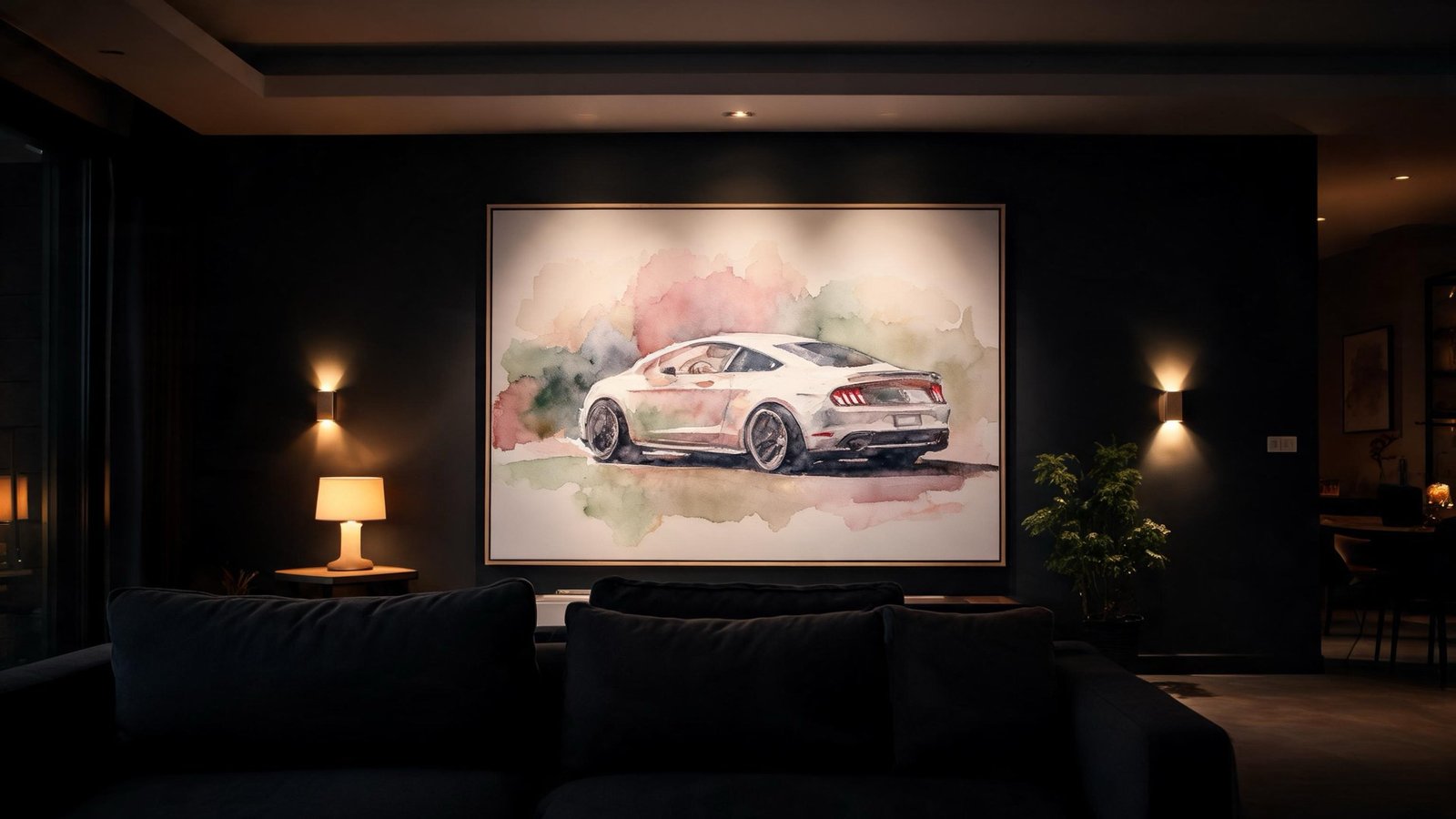 Wohnzimmer mit einer großen Leinwand an der Wand