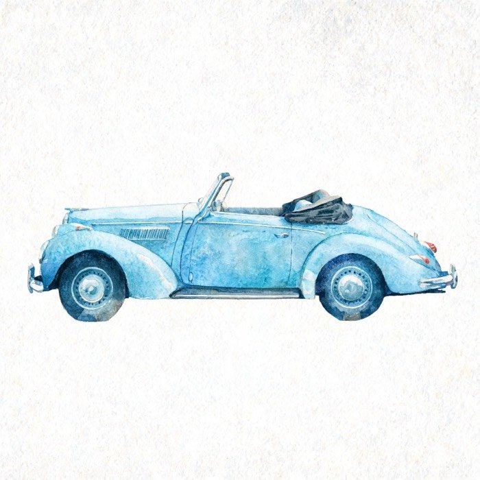 Aquarell eines blauen Cabriolets