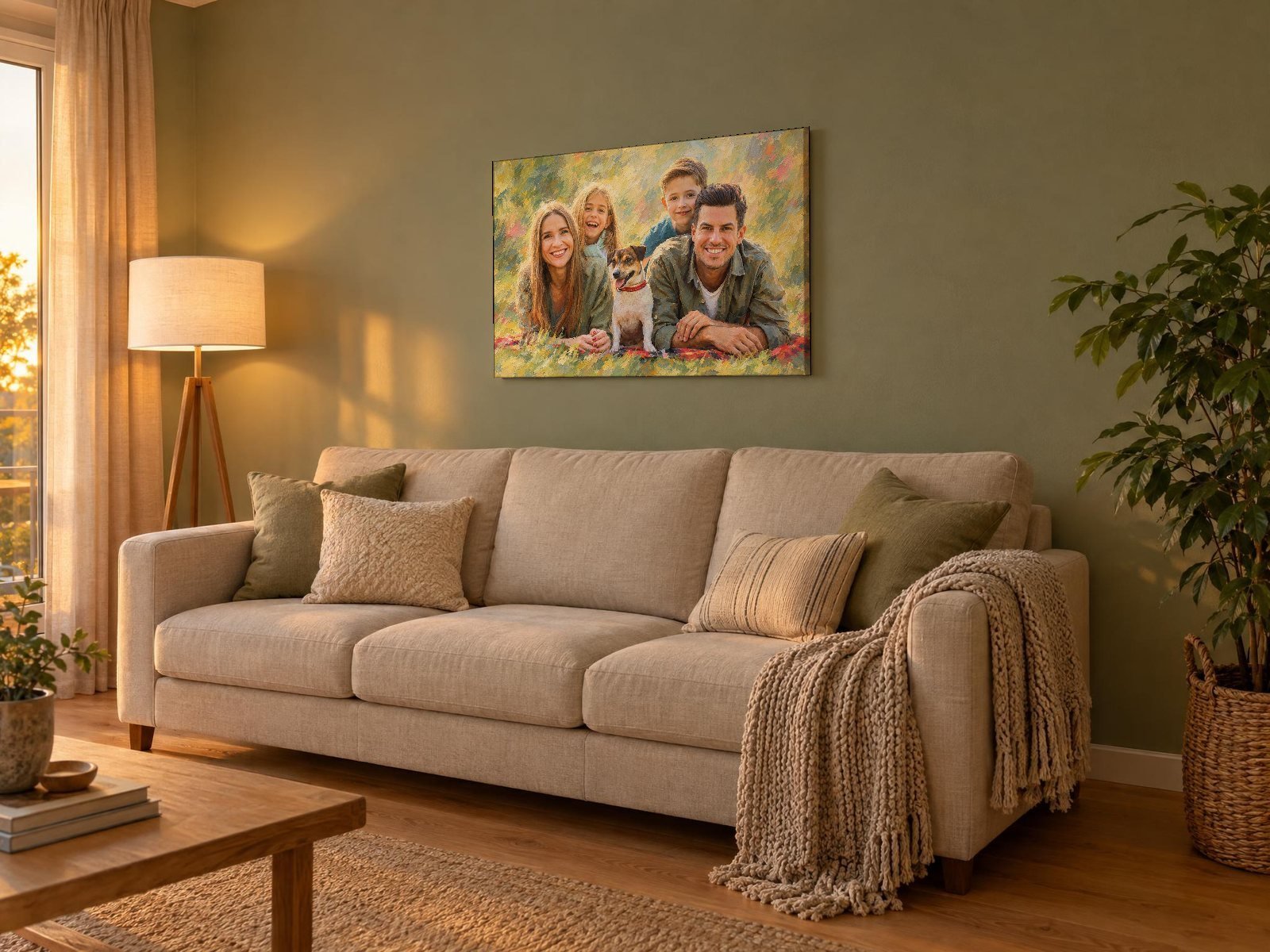 Große Leinwand mit Familienbild über einem Sofa