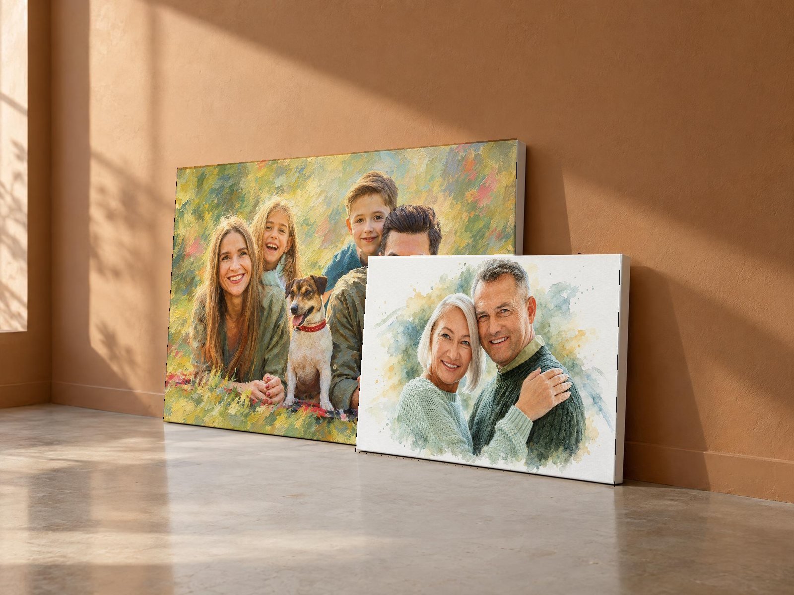 Zwei Leinwände in unterschiedlichen Größen an der Wand