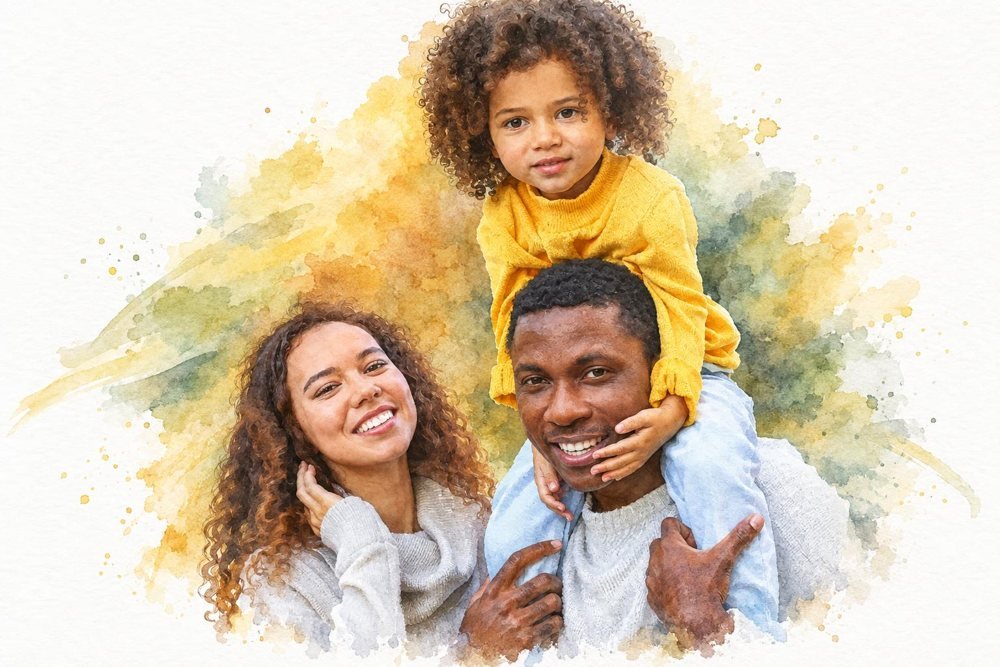 Familie im Aquarell-Stil mit hellem Hintergrund