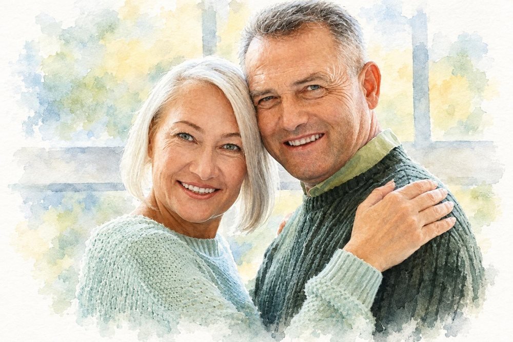 Familie im Aquarell-Stil mit Umgebung, heller Hintergrund