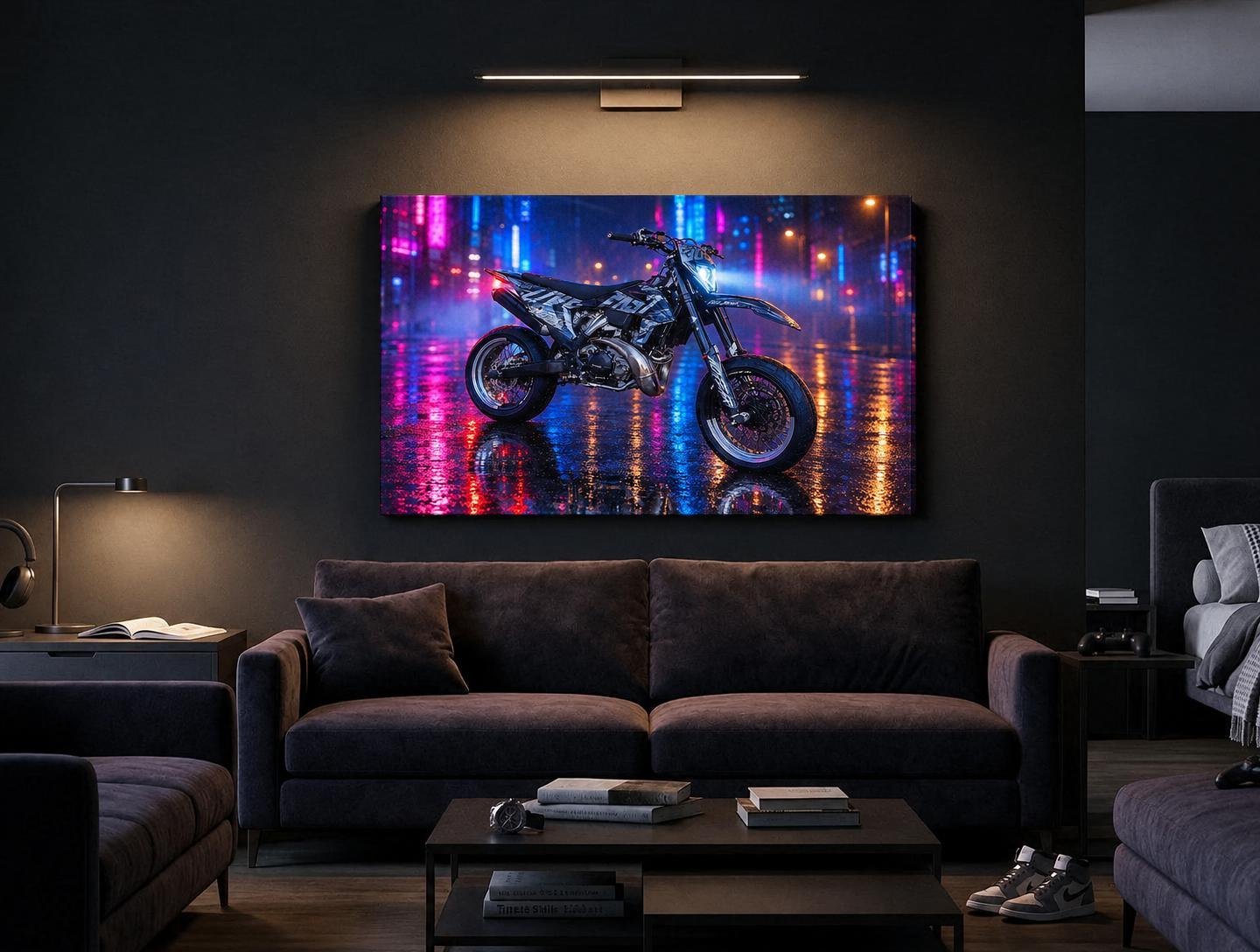 Große Leinwand mit Motorrad-Motiv über einem Sofa